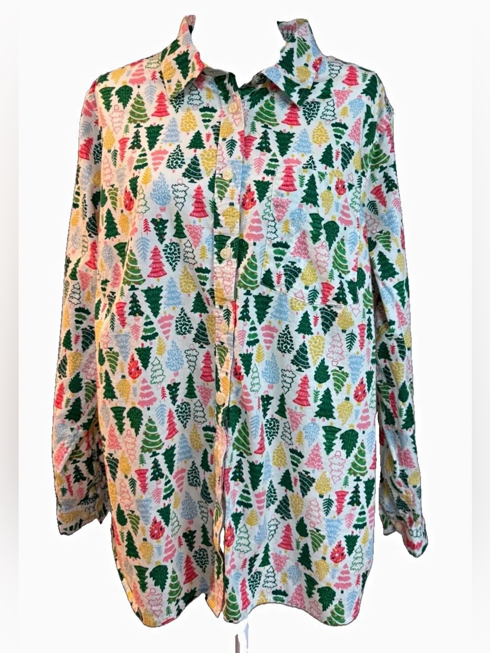 Duluth Trading Co Festive Christmas Tree Print Button Up Shirt Plus Size 2X